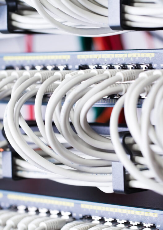 Gigabit network switch and perfect aligned patch cables in datacenter. Local Area Network.